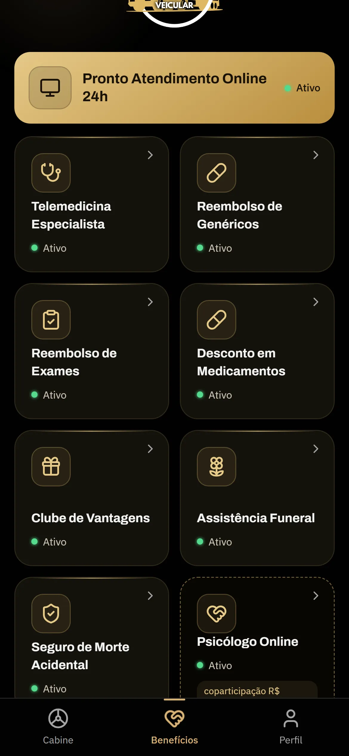 Tela do aplicativo TMD com todos os benefícios ativos numa lista só