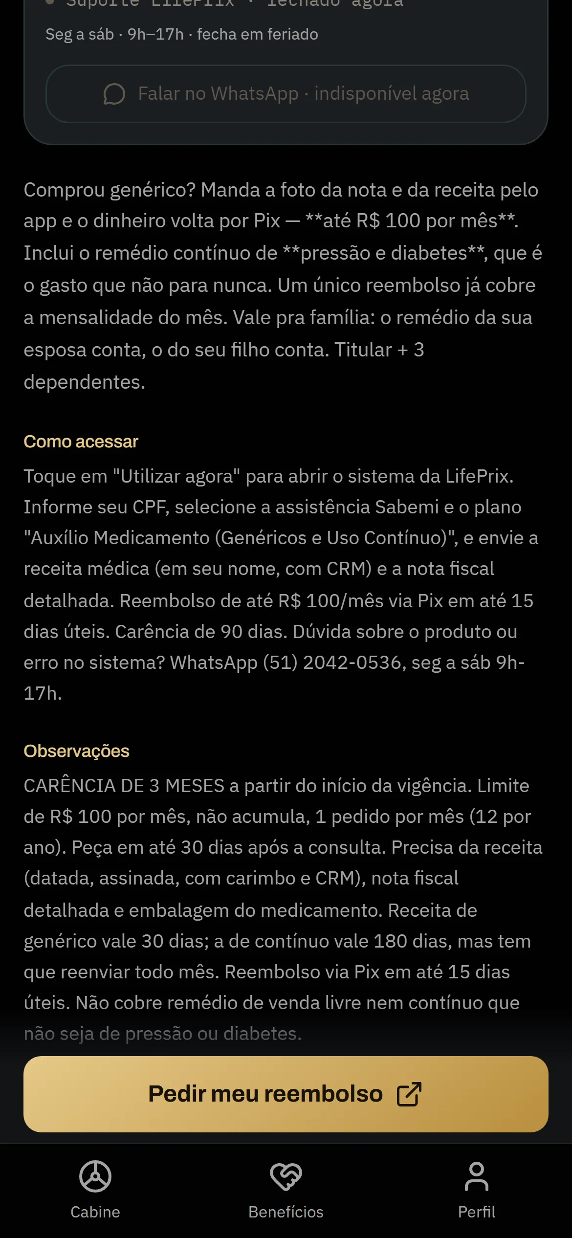 Tela do aplicativo TMD mostrando o botão que abre direto o sistema de reembolso